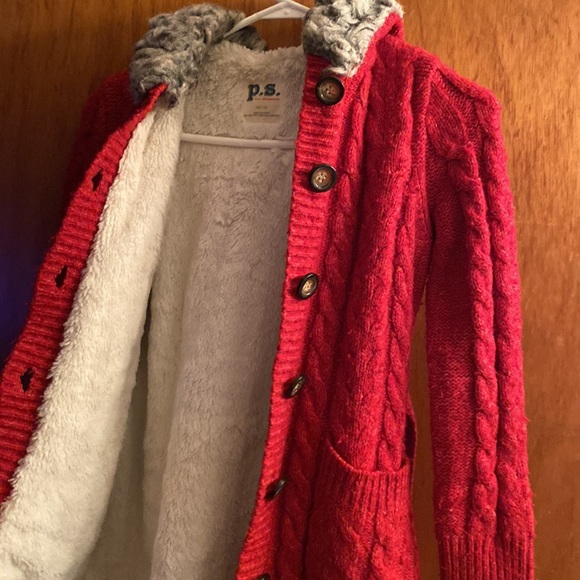Aeropostale Cable Knit Faux Fur Hood Red Button Down Cardigan w/ Waist Tie - Picture 5 of 5